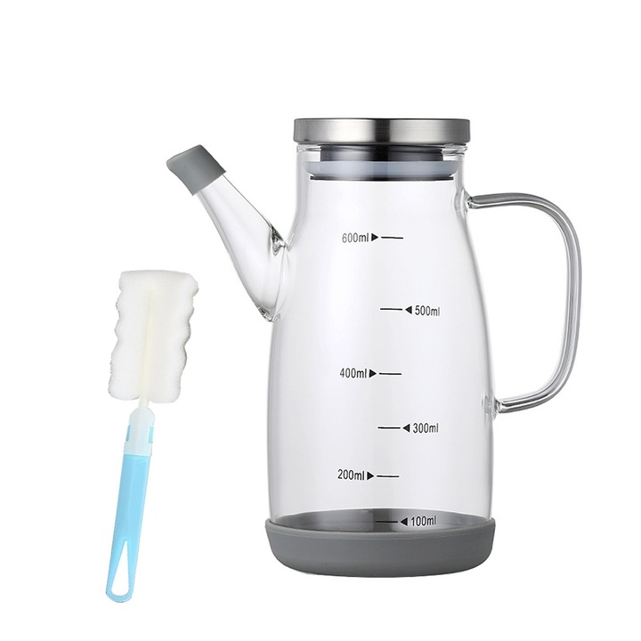 Set sticla pentru ulei, rezistent la caldura si frig, transparent, 600ml/800ml/1000ml, albastru, cu perie de curatare