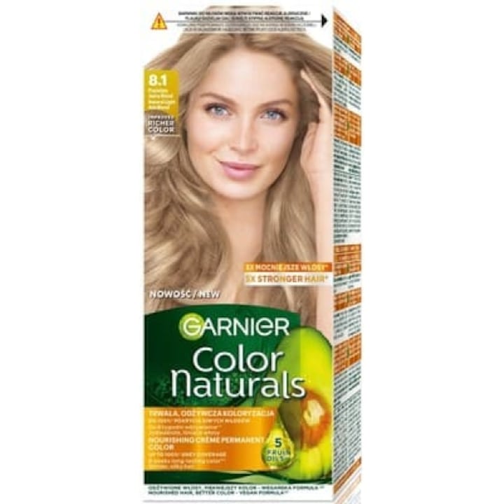 Vopsea de par Garnier Color Naturals, acoperire 100% fire albe, efect de lunga durata, 8.1 Blond Deschis Cenusiu, 1 set