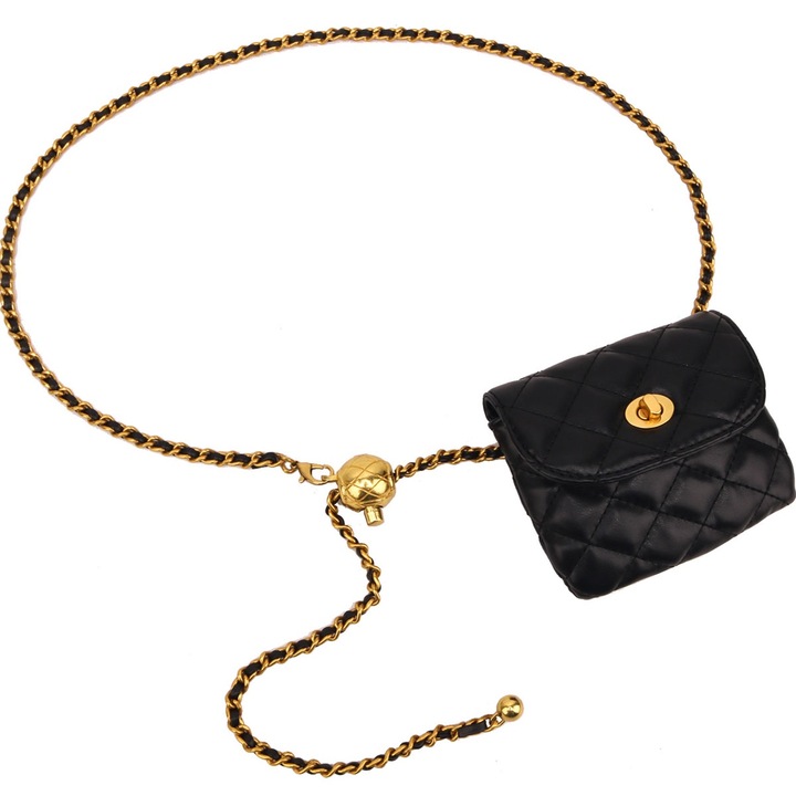 Bőrtáska derékra, Jormftte, fekete, 10.5x9x0.7cm, kis arany lánccal szettben