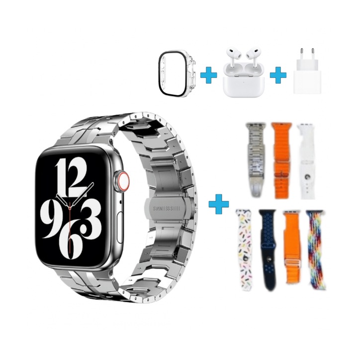 Смарт часовник i30 ProMax 11 в 1, Спорт, Нотифакции, Музика, Безжични слушалки, Адаптер, Каишки, Зарядно, Протектор, Сив комплект