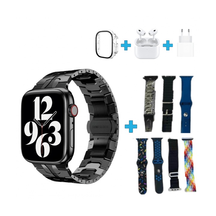 Смарт часовник i30 ProMax 11 в 1, Спорт, Нотифакции, Музика, Безжични слушалки, Адаптер, Каишки, Зарядно, Протектор, Черен комплект