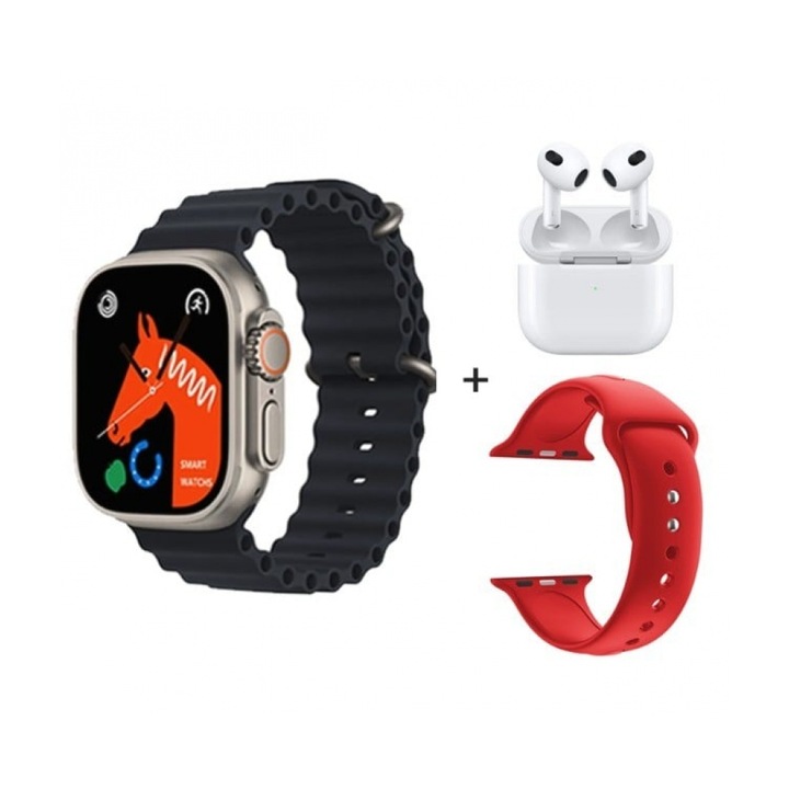 Смарт часовник S30 ProMax, Bluetooth повиквания, Известия, Мониторинг на съня, Безжични слушалки, Каишки, Черен комплект