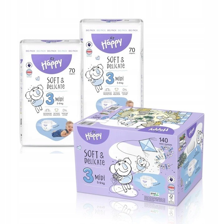 Set 2 Pachete Pieluse Bella Happy Soft & Delicate, 5-9 kg, 140 buc, Indicator Umiditate