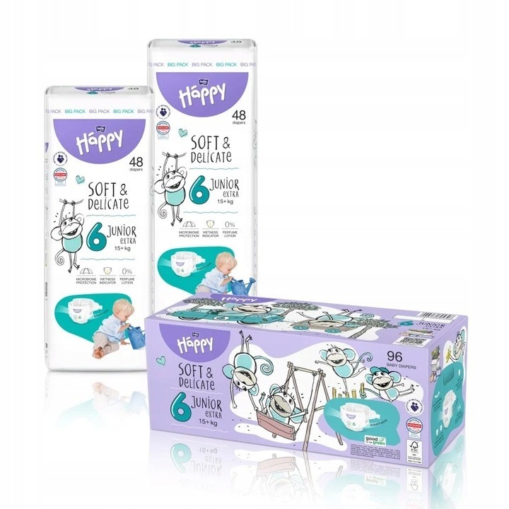 Комплект 2 опаковки пелени Bella Happy Junior Extra Soft & Delicate, 15+ кг, 96 бр, кутия, индикатор за влага