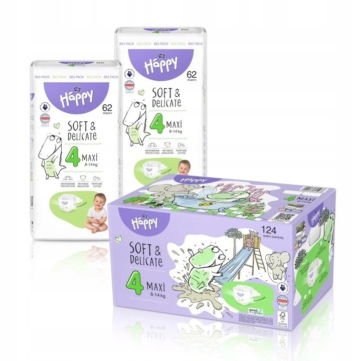 Комплект от 2 пакета пелени Bella Happy 4 Soft & Delicate, 8-14 кг, 124 бр, индикатор за влажност, кутия за съхранение, многоцветни