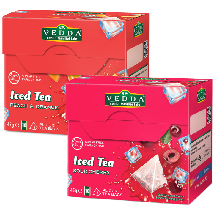 Опаковка студен чай "Iced Tea", 2 вида, натурални растения и плодове, без захар, добавки и оцветители, 20 пакетчета пирамида х 4.5g, Vedda
