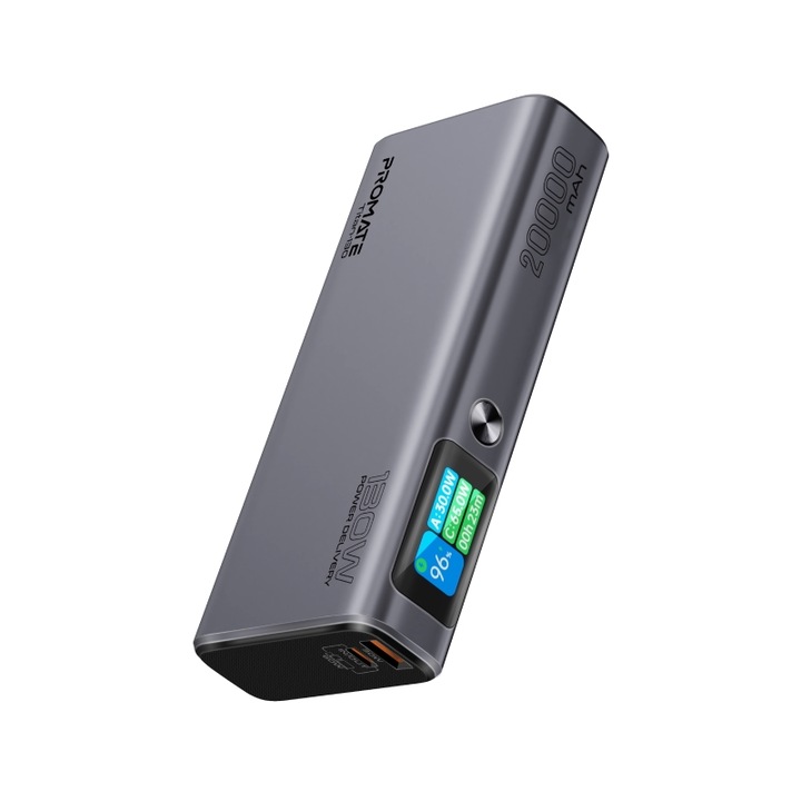 Külső akkumulátor ProMate, TITAN-130, 20000mAh, 130W teljes kimenet, 100WPD. USB-C bemenet/kimenet, 60W PD. USB-C bemenet/kimenet és 30 W, fekete