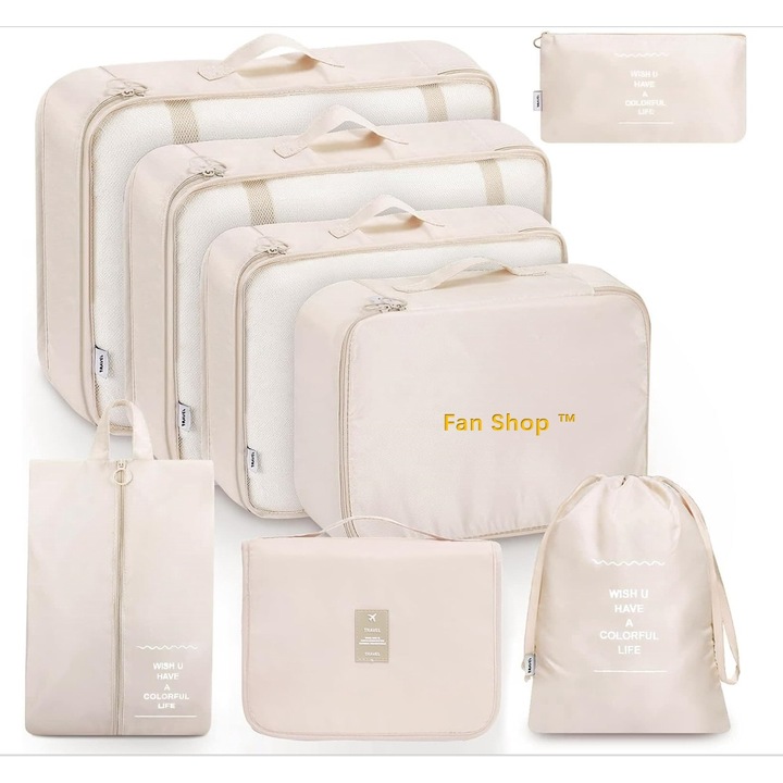 Set de 8 Organizatoare pentru Bagaje, Material Impermeabil, Usor, Pliabil, set de calatorie, bej