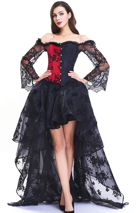 Rochie dama, Steampunk, Dantela, Negru/Rosu