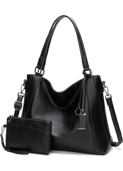 Női táska és pénztárca szett, műbőr, fekete, 36x13x26cm