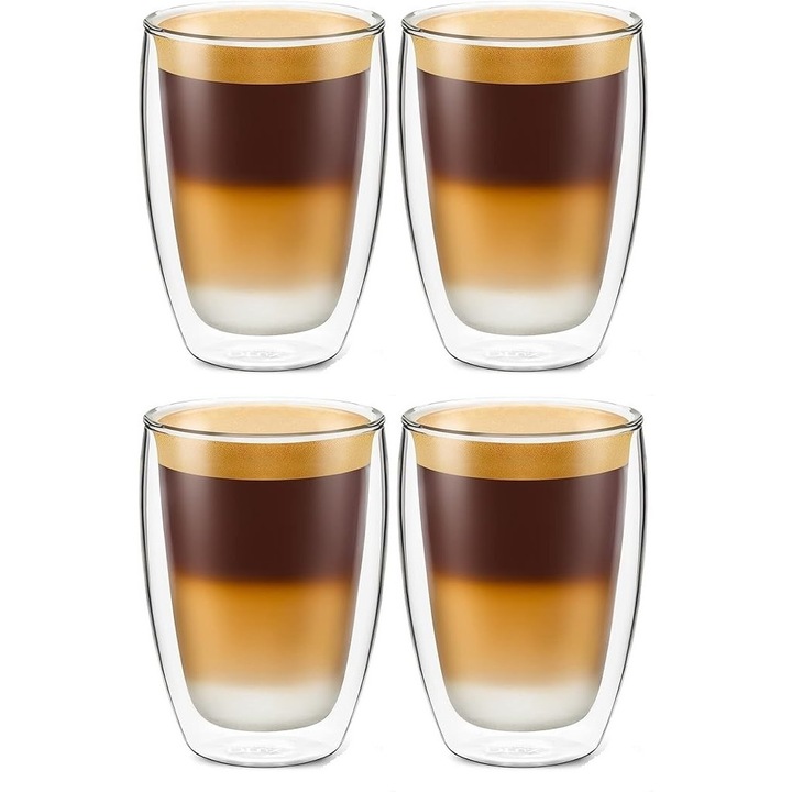 Комплект 4 чаши Krasino Sellory, двойни стени, боросиликатно стъкло, 300 ml