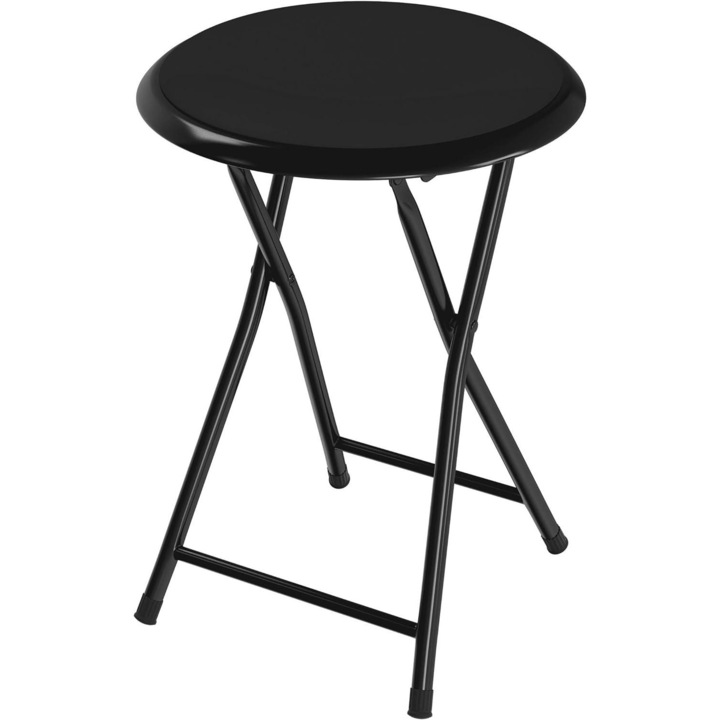 Сгъваема табуретка за хол, кухня и къмпинг HouseXL™ Black Folding Stool, Диаметър 30 см, Ергономичен дизайн, Метални крака, Черен