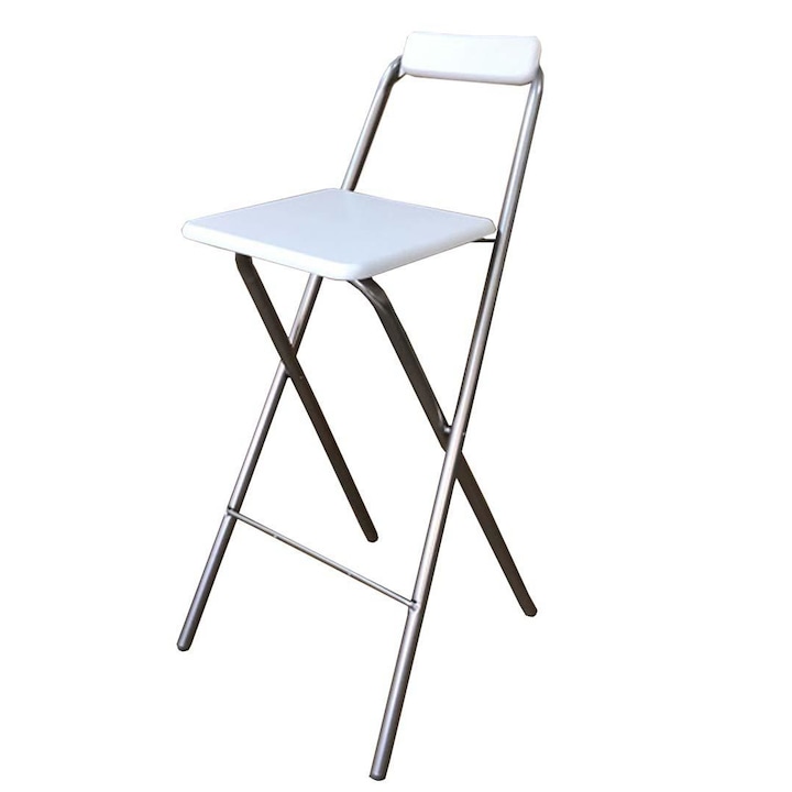Scaun pliabil pentru living, bucatarie si bar HouseXL™ White Folding High Chair, Inaltime 98 cm, Dimensiuni sezut 48X48 cm, Design ergonomic, Picioare metalice, Alb