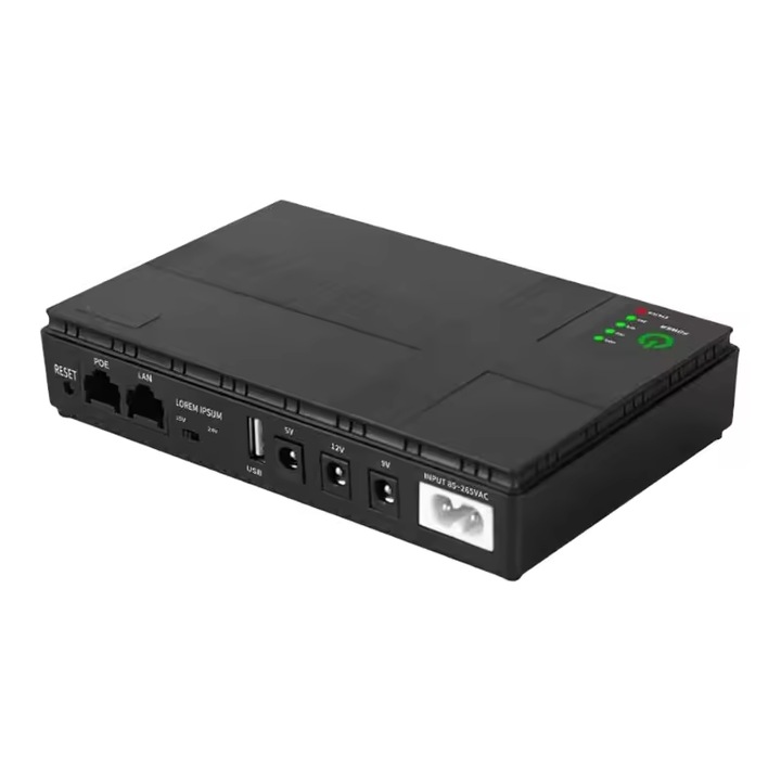 UPS router DC1036P / sisteme camere securitate, 10400mAh, 36W, output 5V/9V/12V/12V/24V, PoE, LAN, USB, Negru