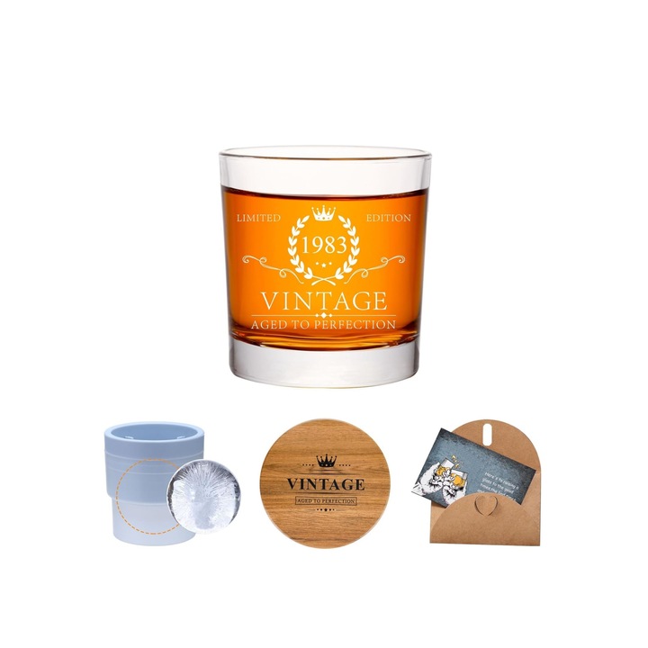Set Pahar Whiskey Aged to Perfection 1983, include coaster, forma pentru bila de gheata si o felicitare, 300 ml