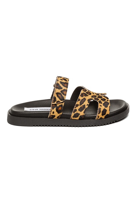 Steve Madden, Papuci din piele cu par scurt, cu animal print, Maro/Bej, 40