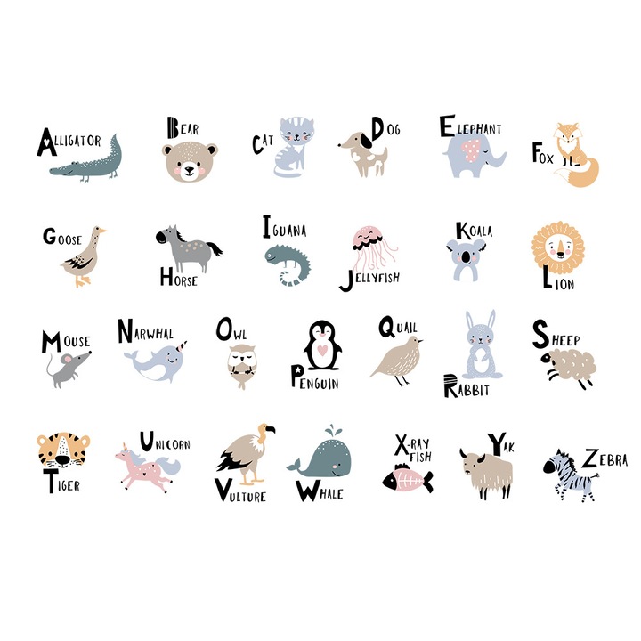Set stickere decorative pentru copii, tema animale si litere, autoadezive, PVC semitransparent, 95x30cm