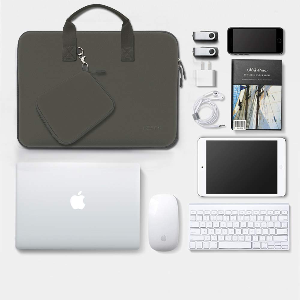 Husa Laptop Elastica Hseok, pentru 13-14 inch, Mouse portabil, impermeabila, Gri Negru, 34.5x2x24.5cm