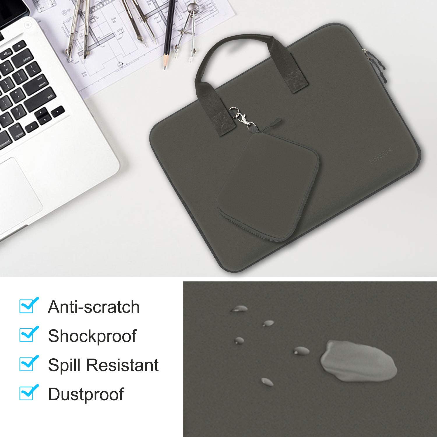 Husa Laptop Elastica Hseok, pentru 13-14 inch, Mouse portabil, impermeabila, Gri Negru, 34.5x2x24.5cm