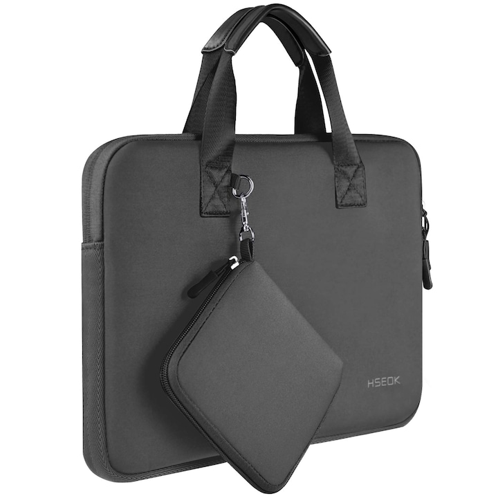 Husa Laptop Elastica Hseok, pentru 13-14 inch, Mouse portabil, impermeabila, Gri Negru, 34.5x2x24.5cm