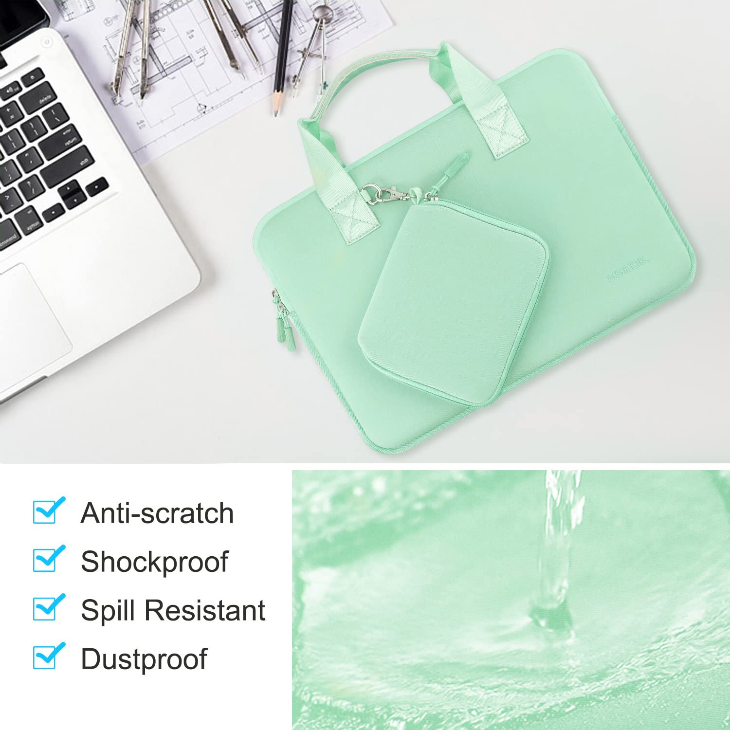 Husa Laptop Elastica Hseok, pentru 13-14 inch, Mouse portabil, impermeabila, verde, 34.5x2x24.5cm
