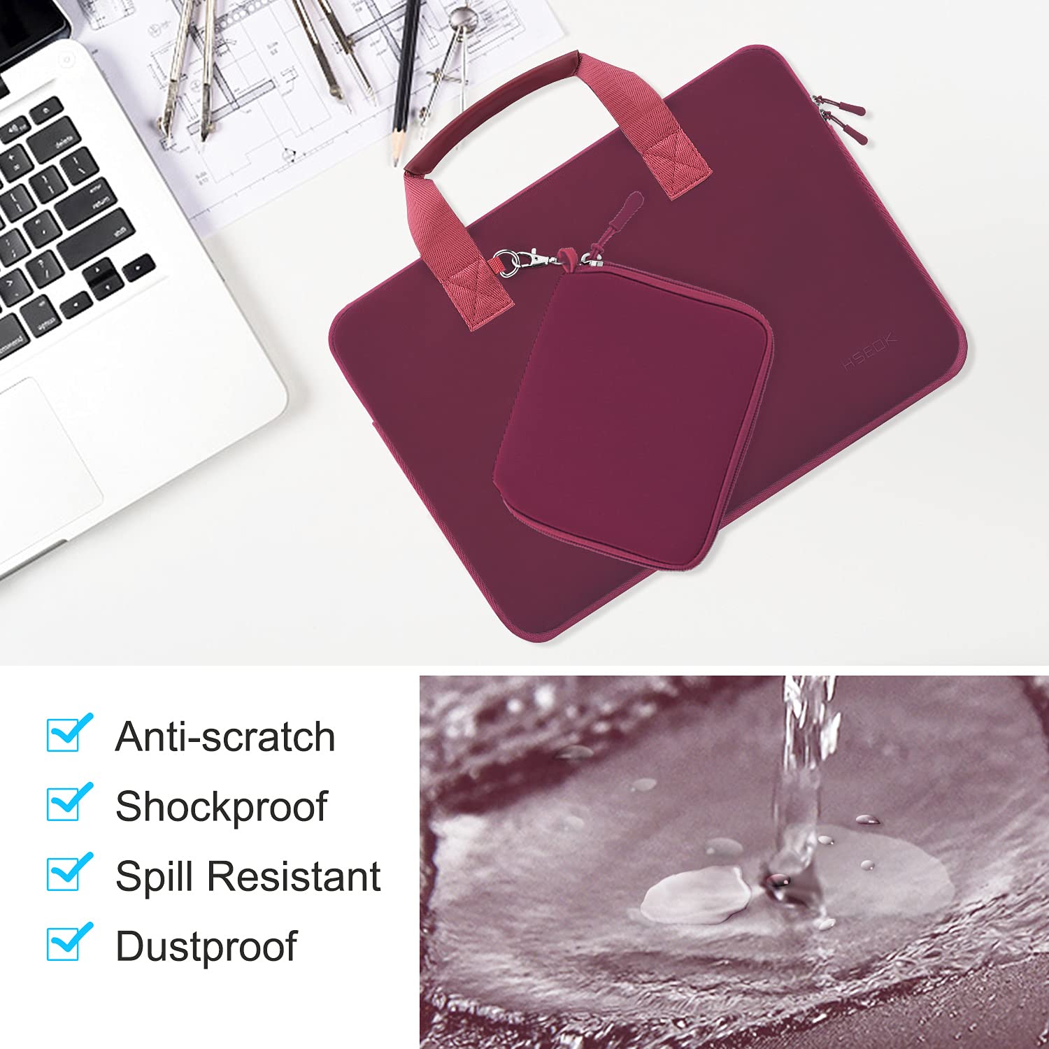 Husa Laptop Elastica Hseok, pentru 13-14 inch, impermeabila, rosu vin, 34.5x2x24.5cm/14.5x1.5x13cm
