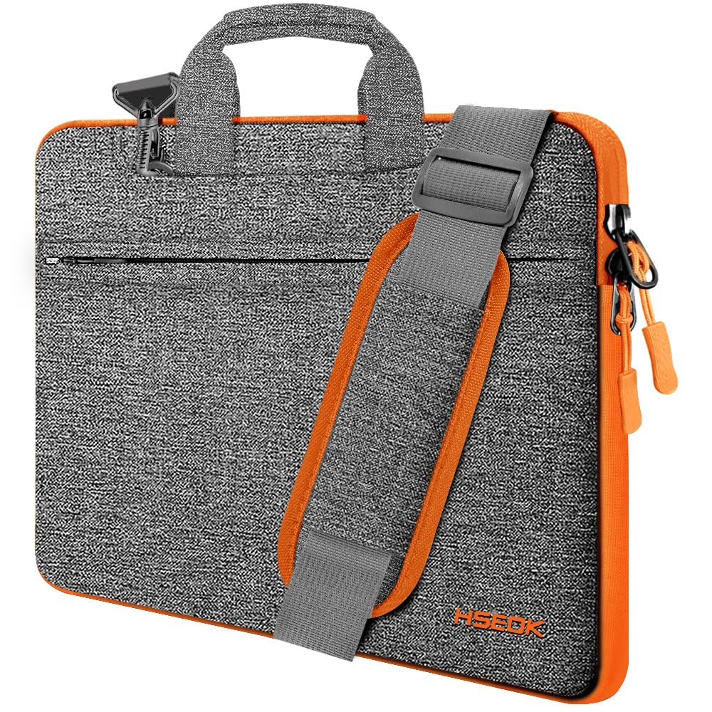 Geanta laptop Hseok, compatibila cu 13-14 inch, Curea de umar reglabila si detasabila, rezistenta la apa, slim, gri/portocaliu, 34.5x25x2cm