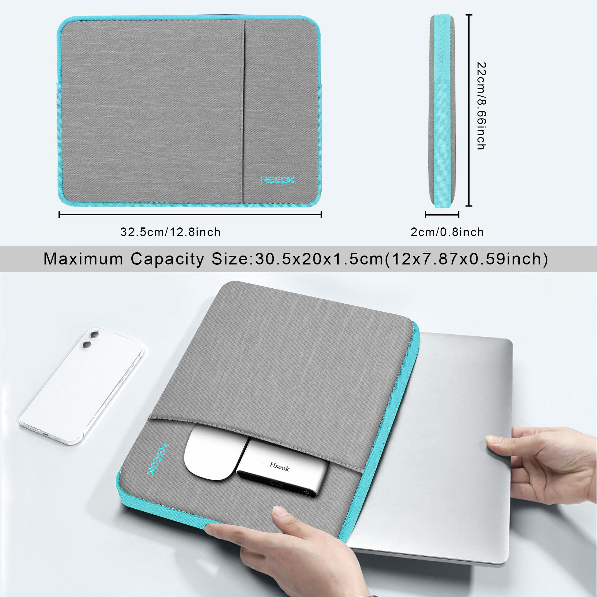 Husa Laptop, Hseok, rezistenta la apa, captuseala fleece, gri/albastru, 15.6 inch