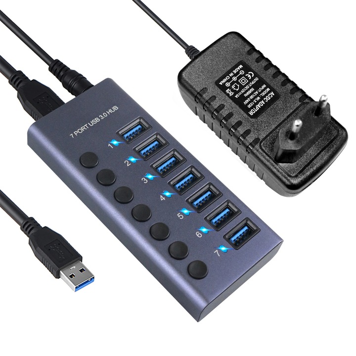 USB 3.0 хъб със 7 порта MOSMAOO®, индивидуален превключвател 5V 2.4A изходен хъб, Plug and Play за универсален компютър, с LED индикатор, бутон за включване/изключване, сив
