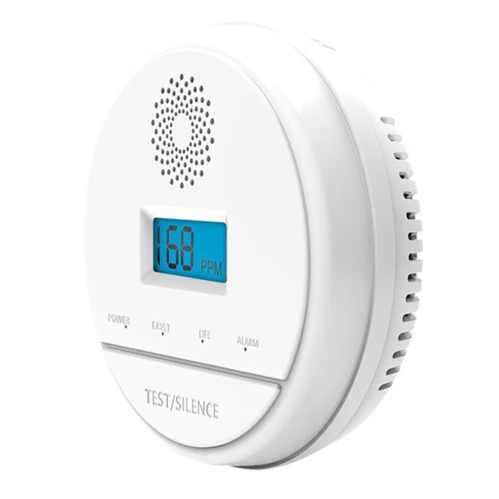 Detector 2 in 1 Monoxid de carbon si Fum XGETOP®, Display LCD monitorizare concentratie de gaz in timp real, Senzor electrochimic, Indicator led, Conectare Wireless 433Mhz cu sisteme de alarma, 85db, alimentare baterii, Alb
