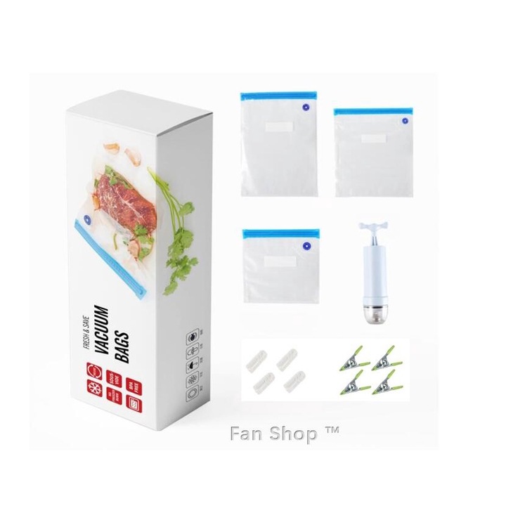 Set de 30 de pungi reutilizabile pentru alimente cu vid, Punga de congelare cu pompa de mana si 8 cleme de etansare, fara BPA