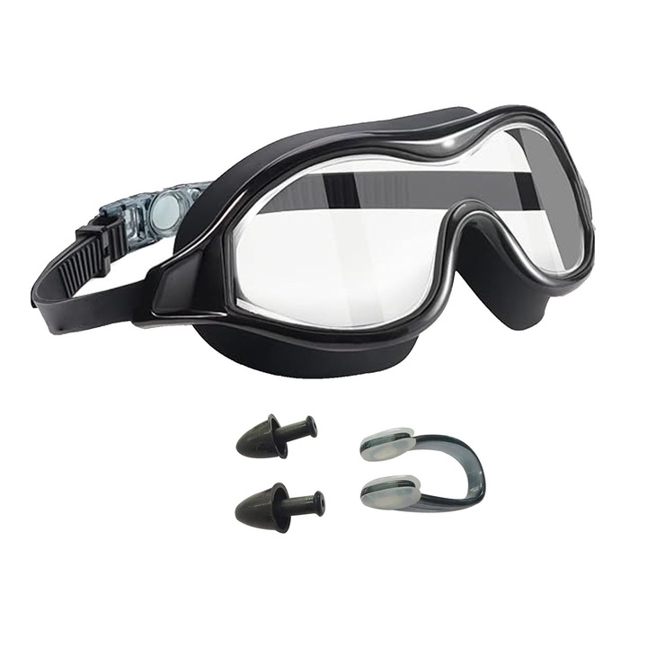 Set Ochelari de inot profesionali unisex, Darklove, 180°, Anti-ceata si vizibilitate inalta, Curea elastica reglabila, Confortabil, Durabile, Usor de utilizat, Portabil, UV protection, PC/Silicon, Negru