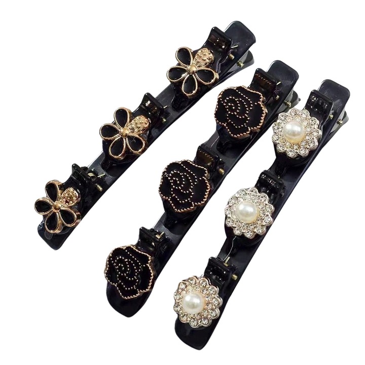 Set 3 Agrafe de par, elegante, cu flori, 9x1.5cm, Negru cu Alb si Auriu