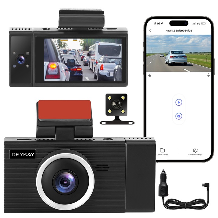 Камера за кола, DEYKAY, Full HD 1080P, 2 лещи, 140° Ultra-Wide Field of View, Dual Recording, Loop Recording, G-sensor, Motion Detection, Night Vision, 3" Display, Wifi, Черен