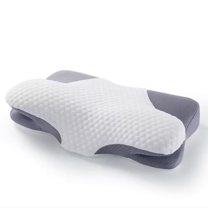Perna ortopedica premium pentru dormit, Ivosa, din spuma cu memorie si suport cervical, ergonomica cu strat de memorie ajustabil, alb/gri, 59x38 cm