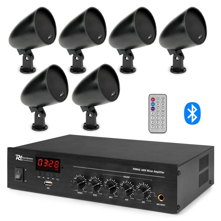 Аудио система за тераса и градина, 6 черни колони, Bluetooth, USB