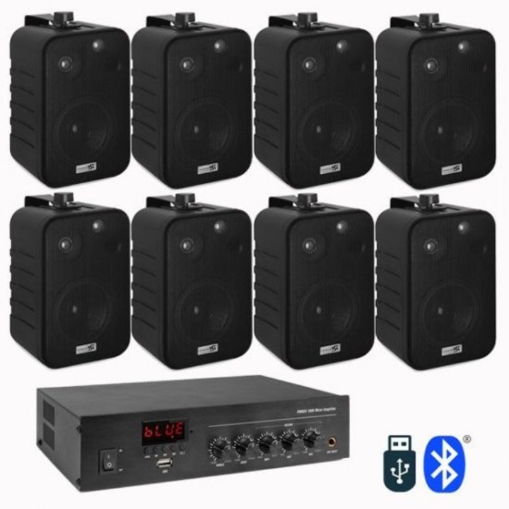 Озвучителна система за ресторант, 8 черни колони, bluetooth, USB, FM