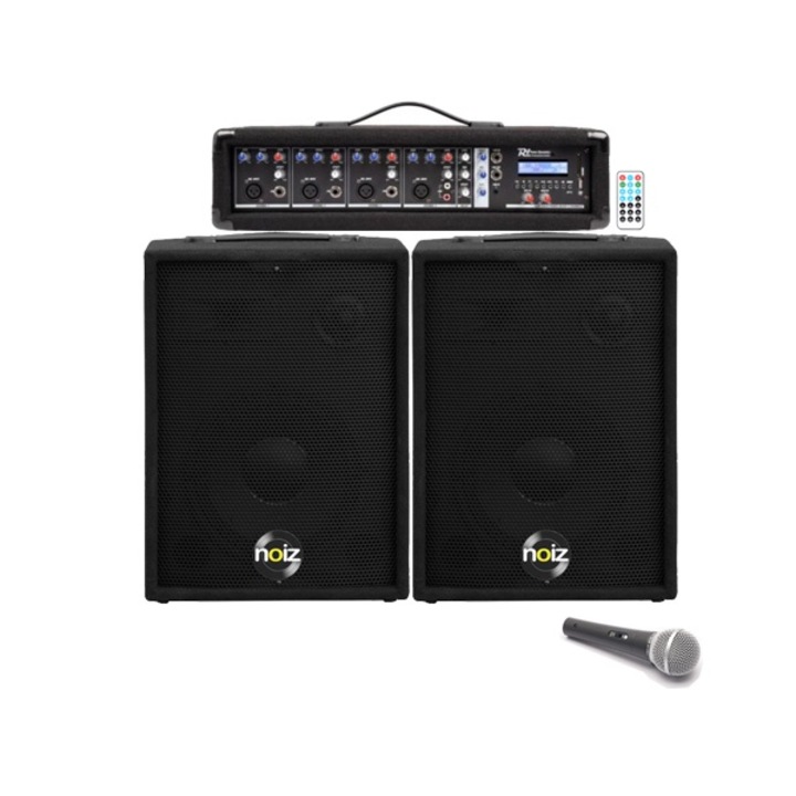 Комплект от 2 високоговорителя с 200 W усилен миксер, микрофон, говорна аудио система 1
