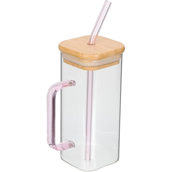 Чаша с дръжка, бамбуков капак и стъклена сламка, 400 мл за сок, мляко, чай, вода, розова