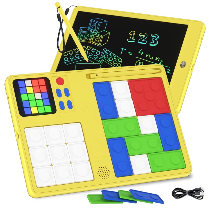 Joc Super Slide， JESWO, 2 in 1, puzzle Huarong Road, educativ, incarcare Type-C, galben, 282x182x22mm