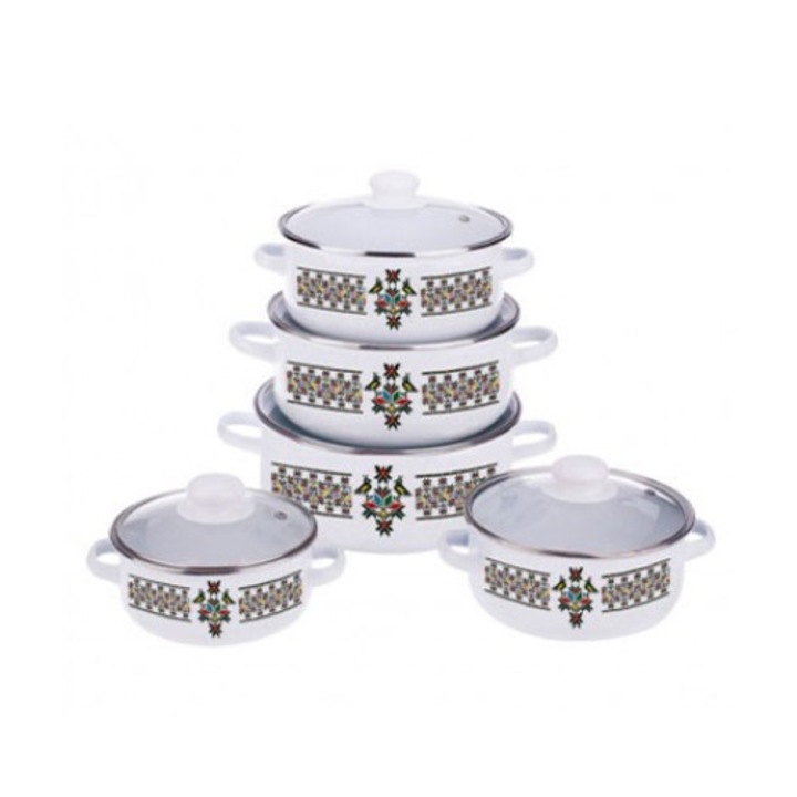 5 db zománcozott edényből és OTI üveg fedőből álló készlet, átmérő 16/18/20/22/24 / OTI 0017