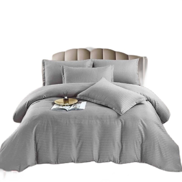 Dupla ágynemű, Damaszt, Vékony csíkos, 6 db, 230x250cm, Szürke