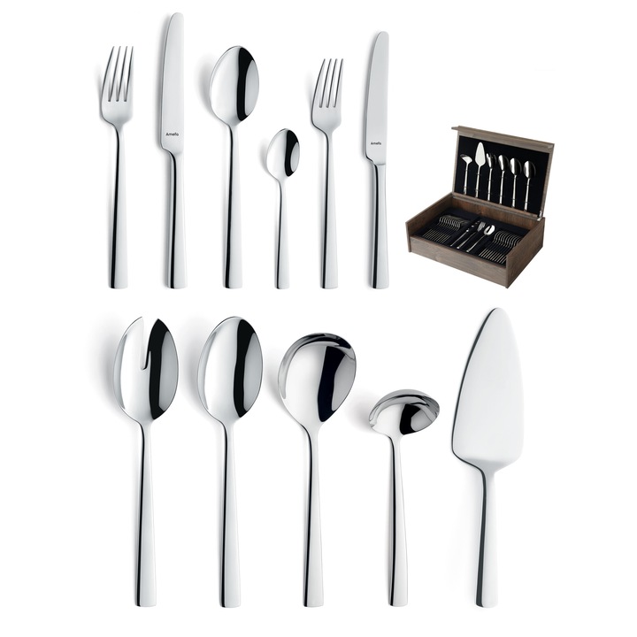 Комплект прибори 78 части Amefa Moderno в дървена кутия, Неръждаема стомана 18/10, 2.5 мм