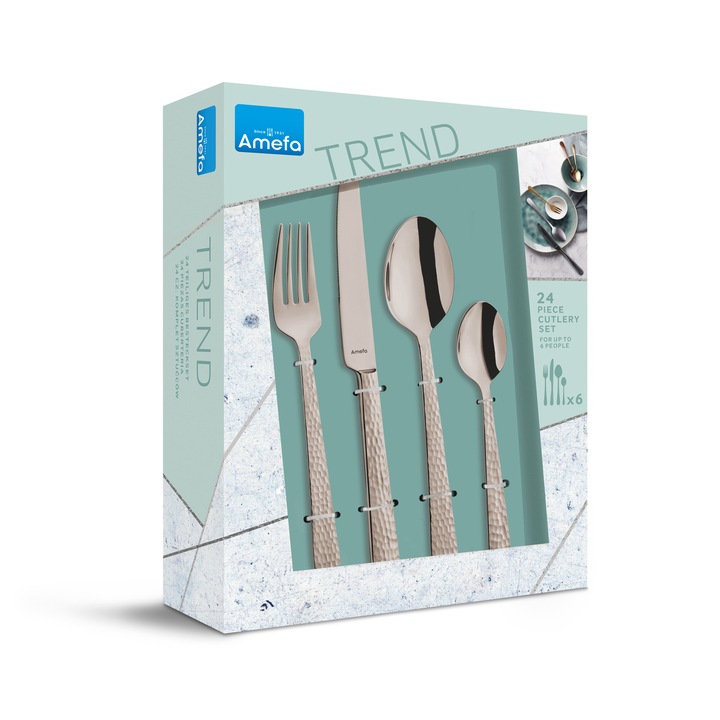 Комплект прибори Amefa Felicity в кутия, Неръждаема стомана 18/0, Розов, 24 части