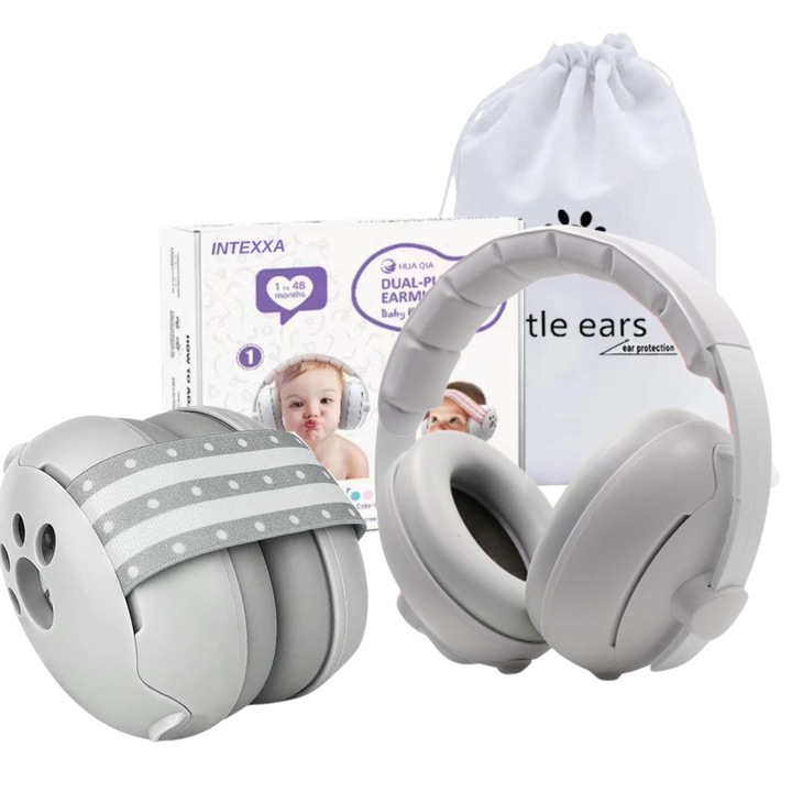 Casti Antifonice 2 in 1 pentru Copii si Bebelusi, Pana la 4 Ani, Reglabile si Ergonomice, Foarte Usoare, Fara Presiune Pe Fontanele, Anti-alunecare, pentru Protectie Auzului, 2 Moduri, Bentita + Suport clasic, Gri, INTEXXA®