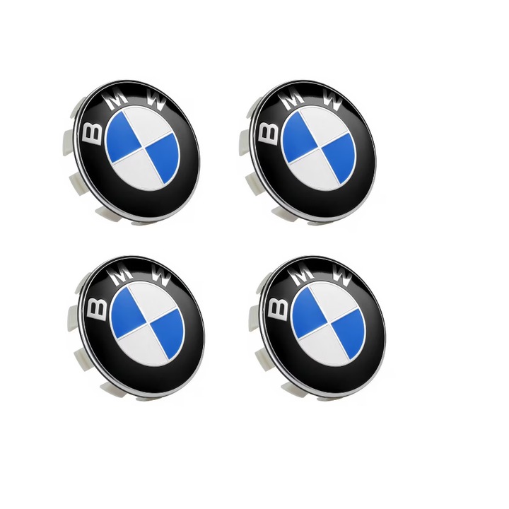 4 db kerékburkolat készlet, 68mm kompatibilis/csere BMW felnikhez, könnyűfém felnikhez, könnyen felszerelhető, fehér/kék