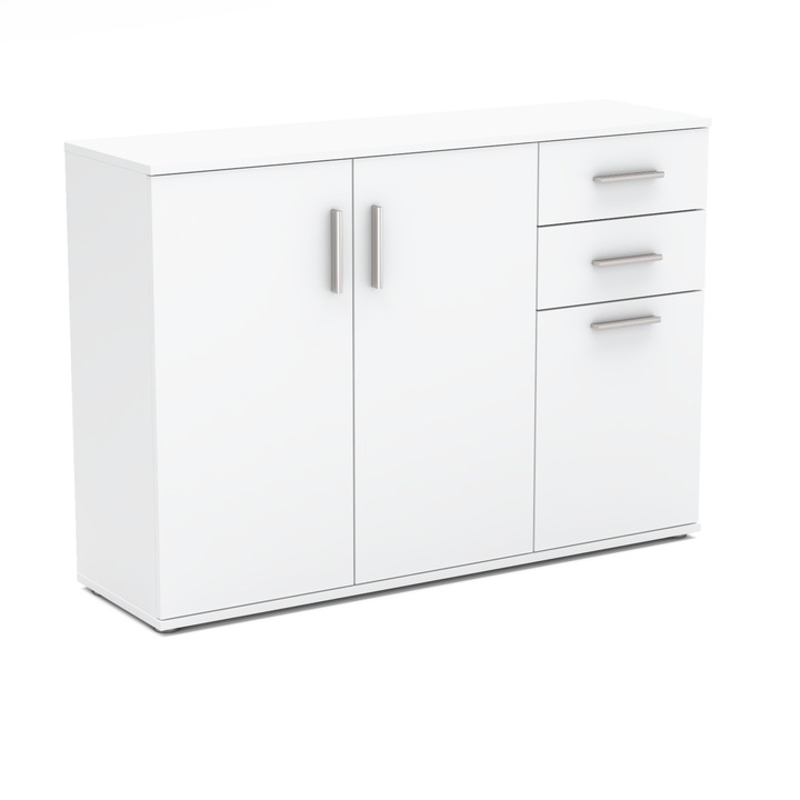 Comoda, Stiv-Meble, Model STIV2_BMBM, Cu 3 Usi, Cu 2 Sertare Spatioase, Constructie Solida, Design Modern, Perfect Pentru Orice Interior, Montare Simpla, Dimensiuni 120 x 35 x 82 cm, Placa Laminata, Alb