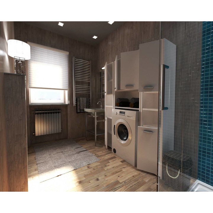 Set 3 Dulap Baie, Stiv-Meble, ZDL_BMBM, 124 x 30 x 165 cm, Prelucrare de inalta calitate, Atentie la detalii, Constructie robusta, 6 Usi, 13 Rafturi, Pentru Masina De Spalat, De Sine Statator, Asamblare: mobilier neasamblat, PAL, Alb mat