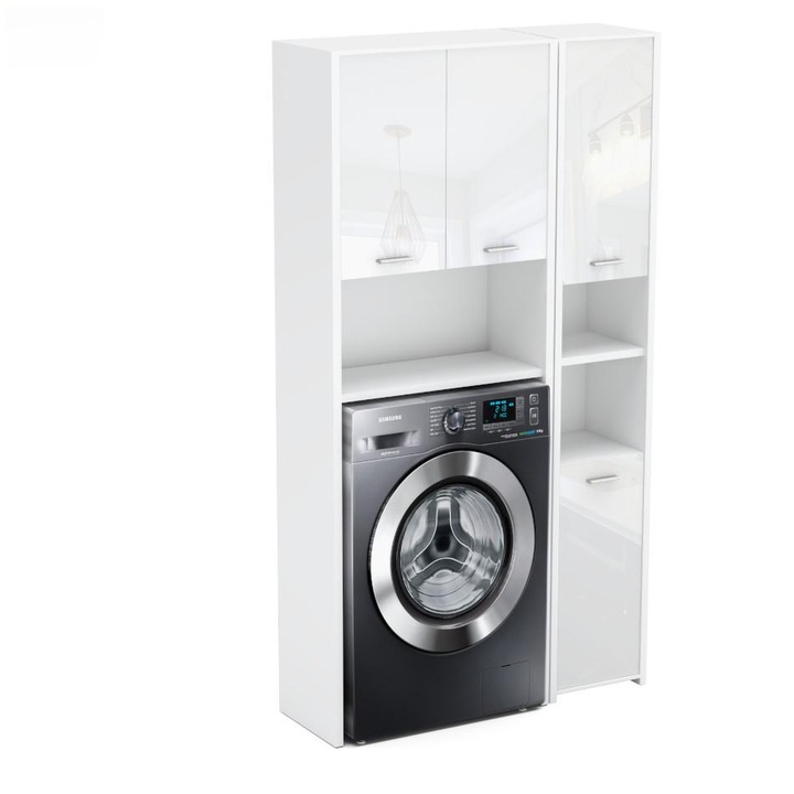 Set 2 Dulap Baie, Stiv-Meble, ZML_BMBP, 94 x 30 x 165 cm, Prelucrare de inalta calitate, Atentie la detalii, Constructie robusta, 4 Usi, 8 Rafturi, Pentru Masina De Spalat, De Sine Stratator, Asamblare: mobilier pentru autoasamblare, PAL, Alb matt/Alb