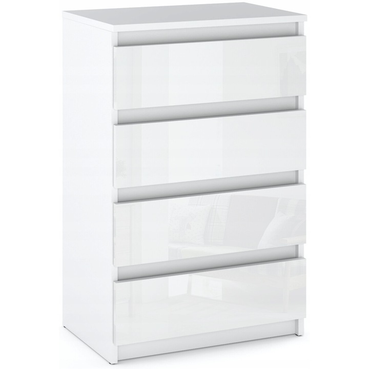 Comoda, Stiv-Meble, Model HIT KMH_BMBP, Cu 4 Sertare Spatioase, Design Modern, Constructie Solida, Perfect Pentru Orice Interior, Montare Simpla, Dimensiuni 60 x 33.5 x 92.5 cm, Placa Laminata, Alb Lucios